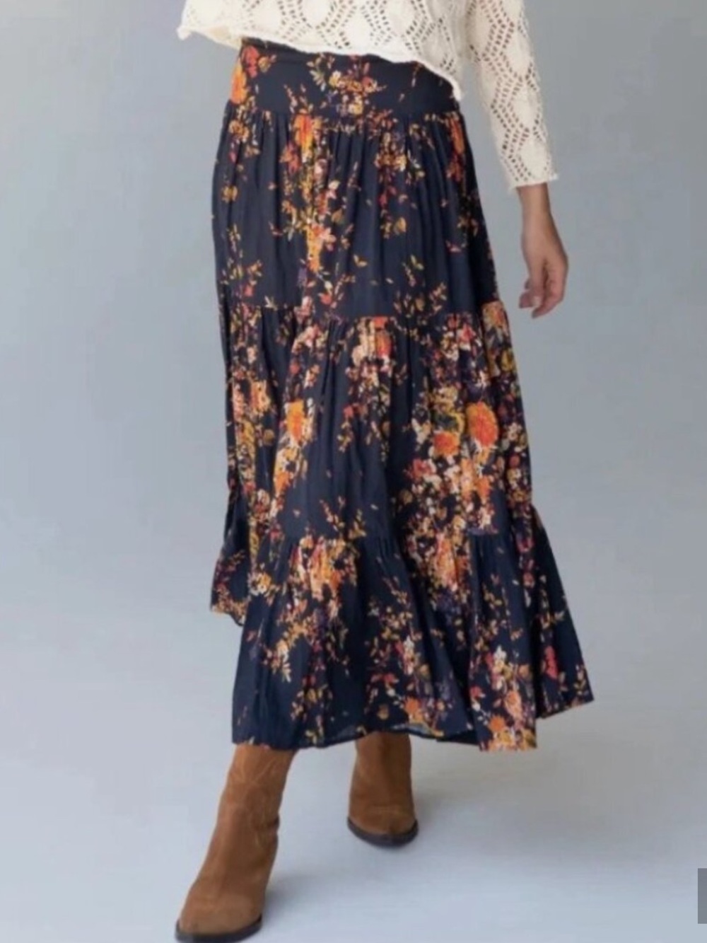 NATURAL LIFE Navy Maxi Skirt with Orange Floral Print size large